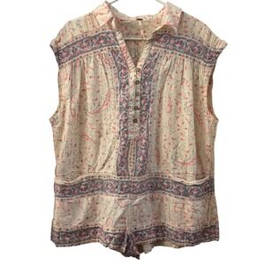 Free People Cream Paisley Print Button Front Sleeveless Romper Shorts XS Boho